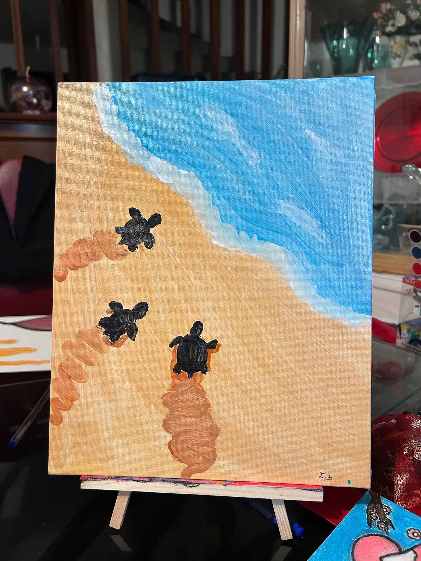 Peinture - Bébé tortue sur une plage
